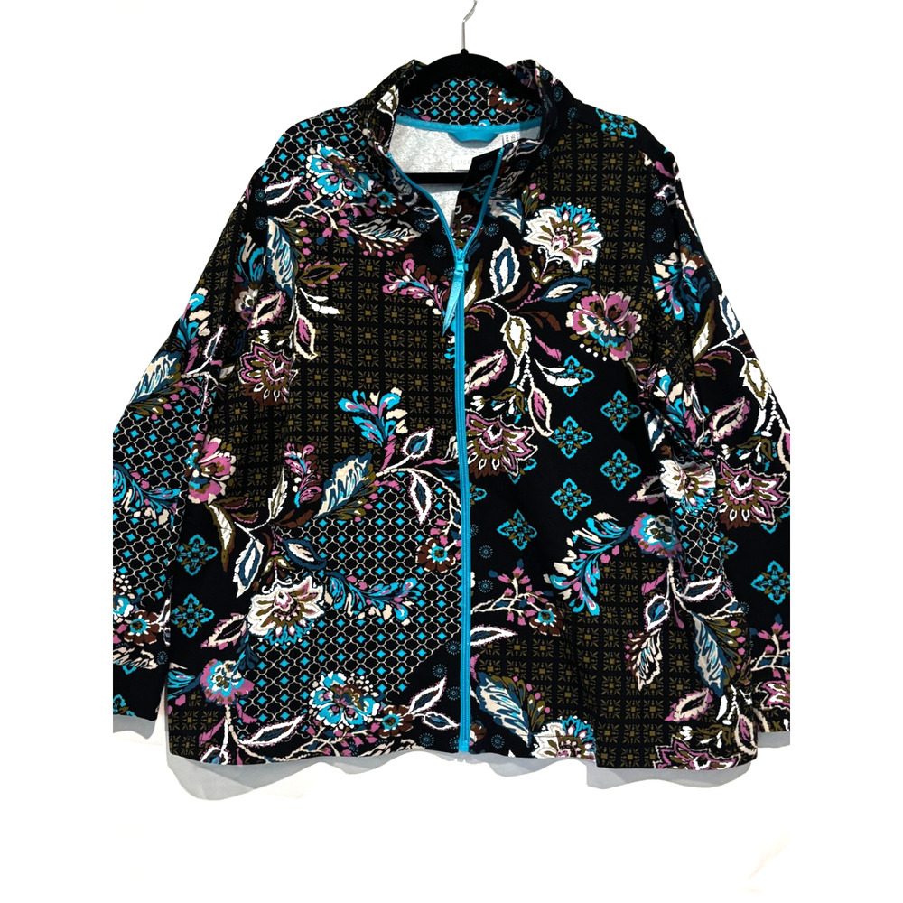 Women's Black Zip Up Sweat Jacket Floral Artsy sz 2X Outdoor Active boho comfy